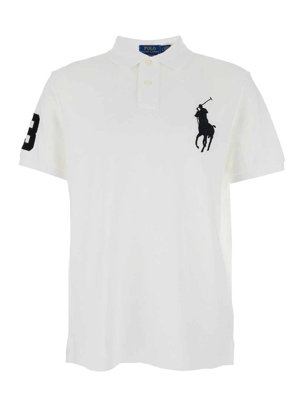Polo Ralph Lauren Polo "Custom Slim Fit" con Maxi Ricamo Cavallino sul Fronte e Dettaglio Numerico sulla Spalla in Cotone Bianca Uomo