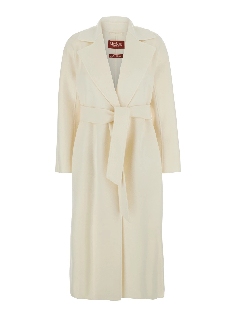 Max Mara Studio Cappotto 'Cles' Bianco con Colletto a Revers e Chiusura con Cintura Regolabile in Misto Lana e Cashmere Donna