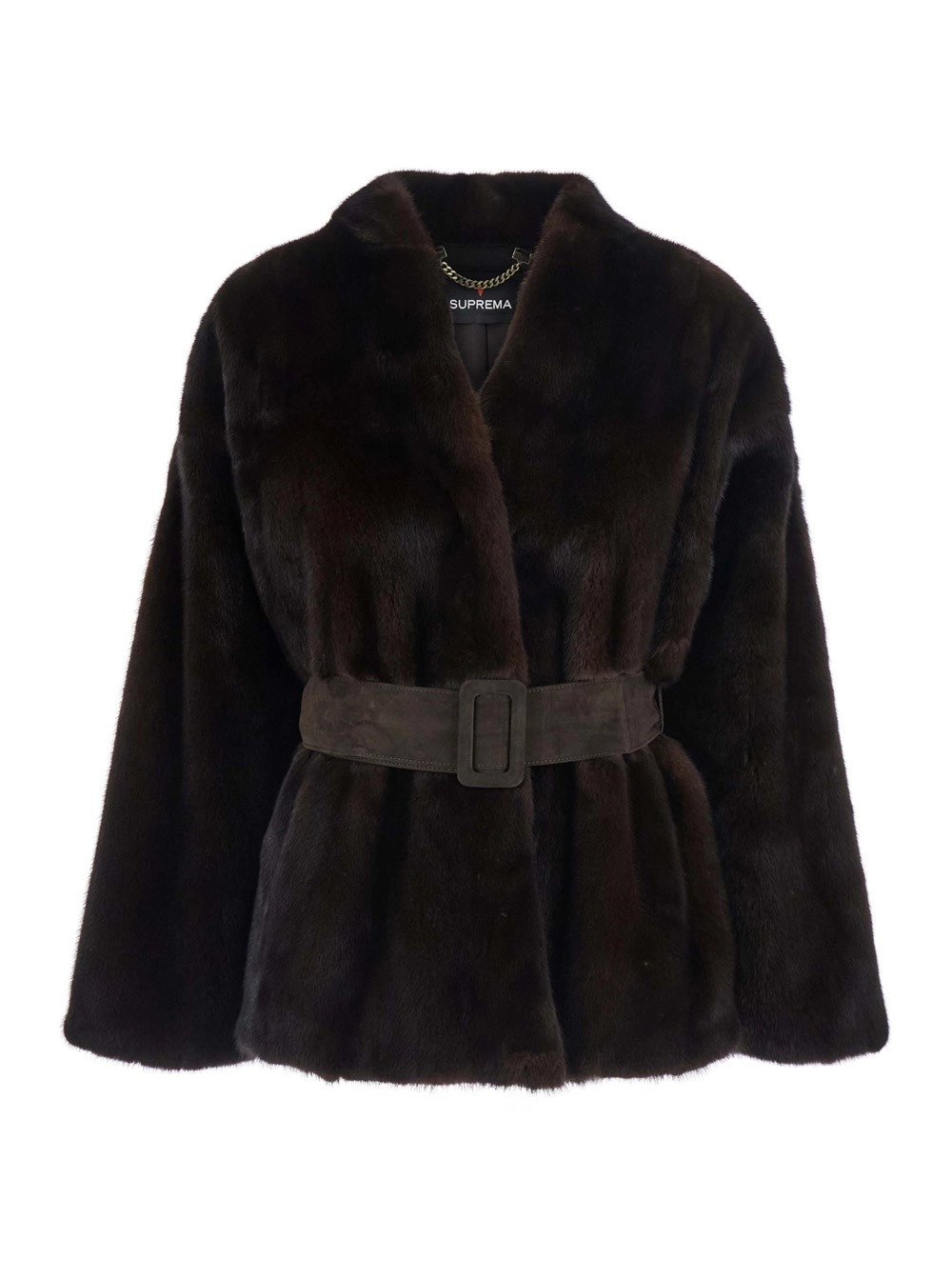 Suprema Cappotto corto con scollo e cintura regolabile in vita in pelliccia marrone per donna