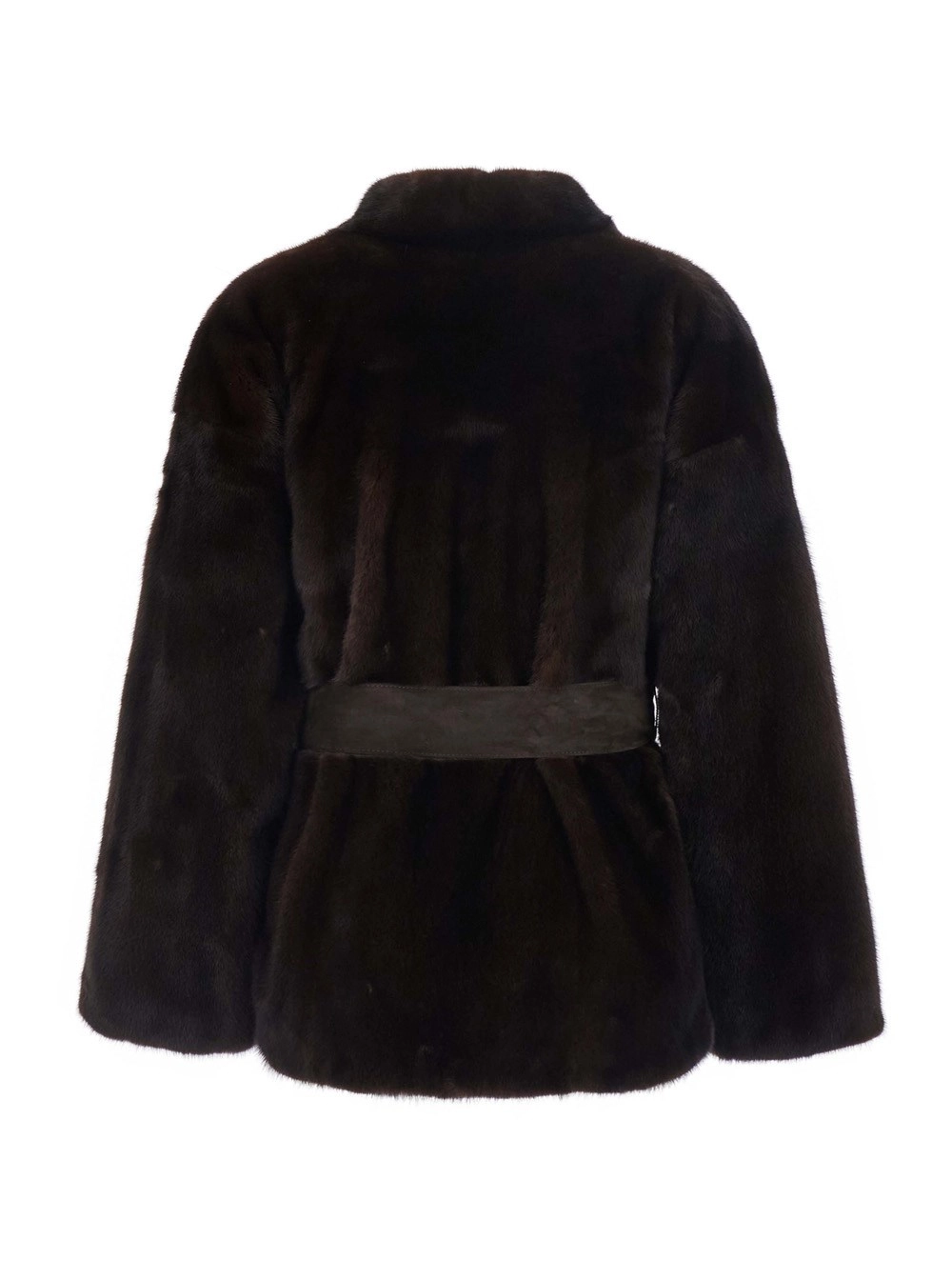 Suprema Cappotto corto con scollo e cintura regolabile in vita in pelliccia marrone per donna, view 2