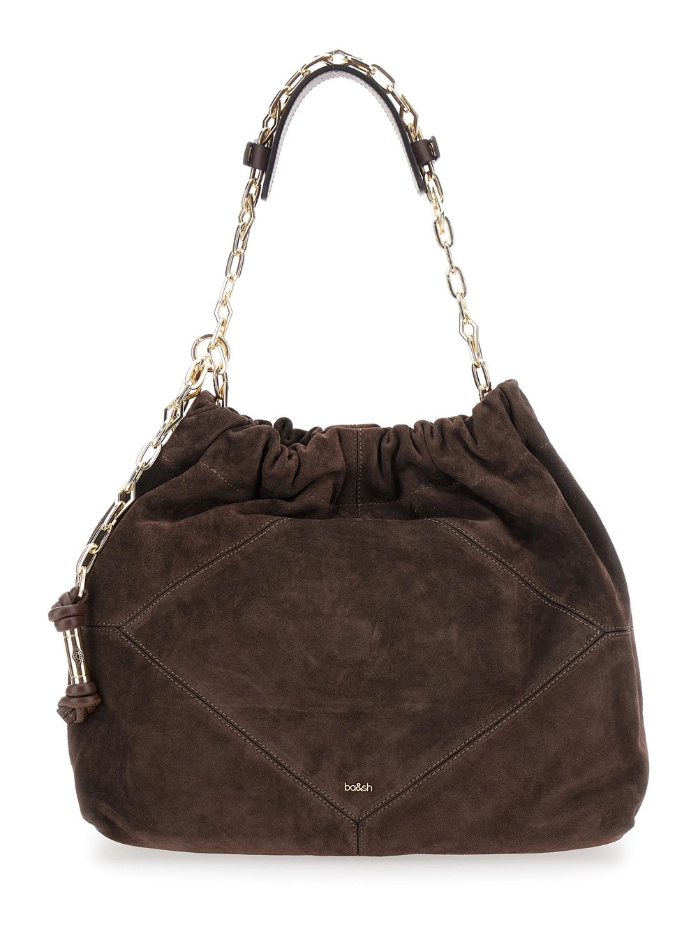 Ba&sh Borsa a Spalla con Tracolla a Catena e Logo sul Fronte in Suede Marrone Donna