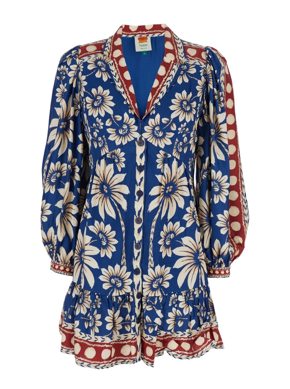 Farm rio Abito Midi 'Luna' con Scollo a V e Motivo Floreale All-Over in Viscosa Blu Donna