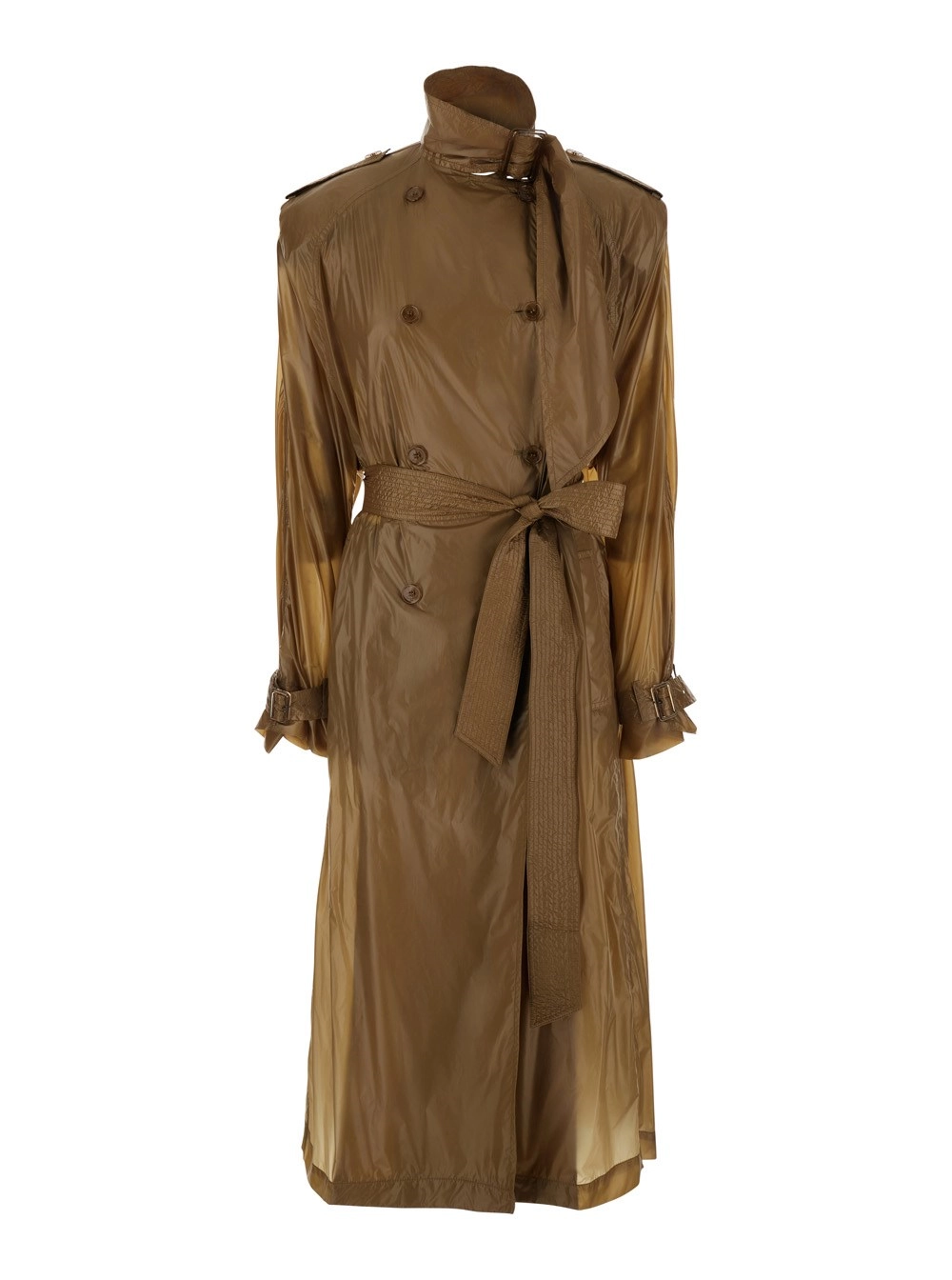 Saint Laurent Trench doppiopetto con collo lavallière e cintura sul fronte in tessuto tecnico beige donna