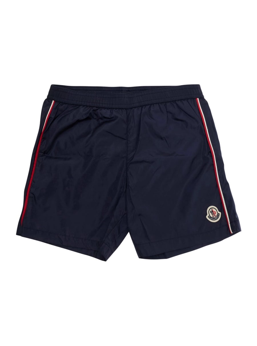 Moncler kids Costume da bagno con patch logo sul fronte e dettagli a righe sul lato in tessuto tecnico blu bambino