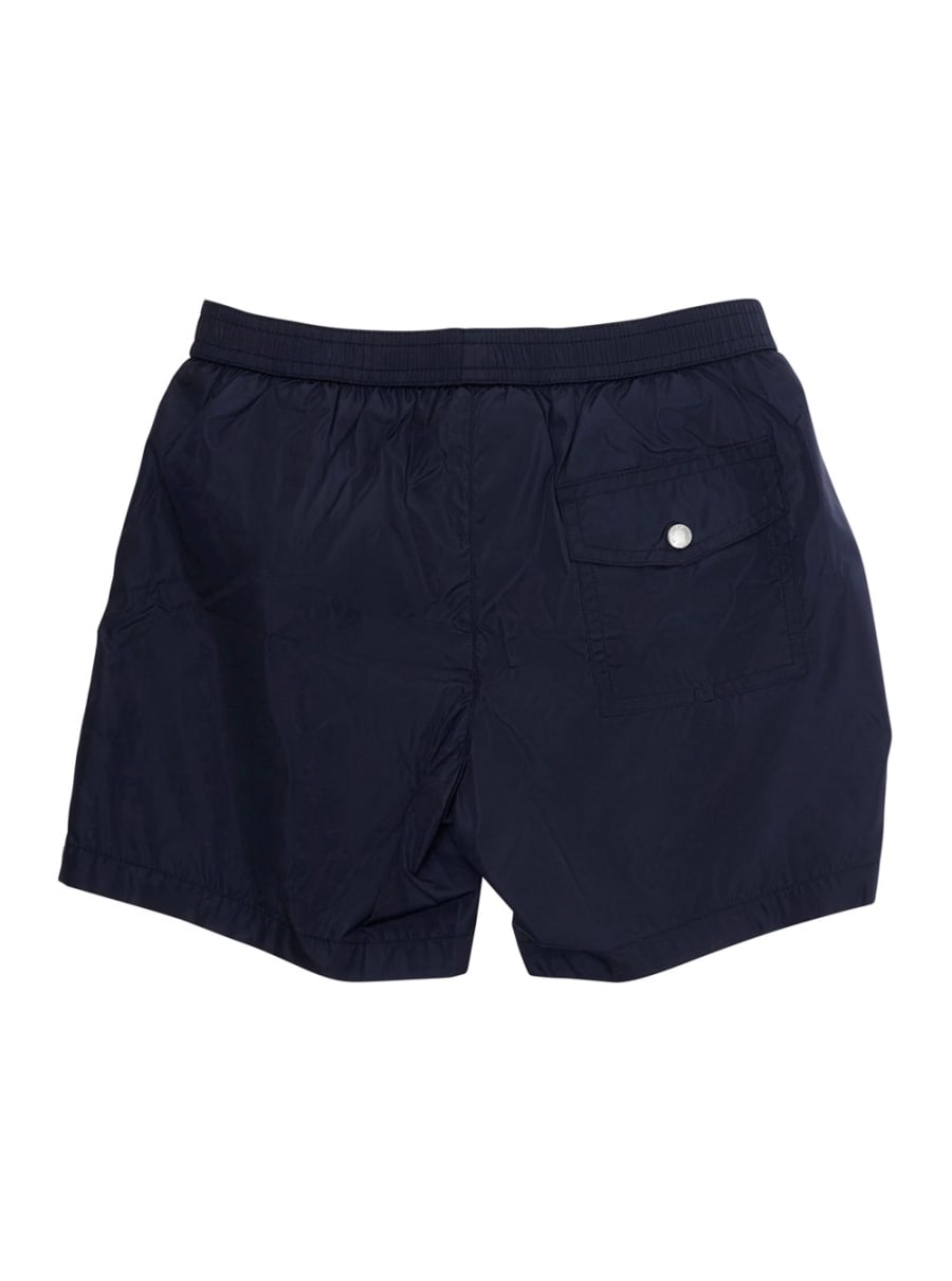 Moncler kids Costume da bagno con patch logo sul fronte e dettagli a righe sul lato in tessuto tecnico blu bambino, view 2