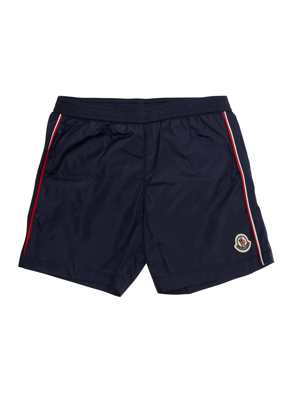 Moncler kids Costume da bagno con patch logo sul fronte e dettagli a righe sul lato in tessuto tecnico blu bambino