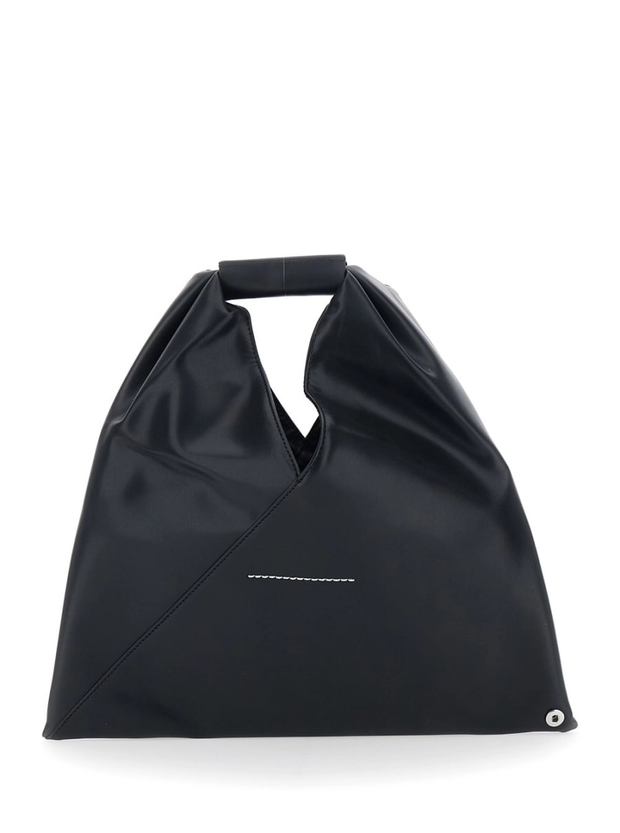 Mm6 maison margiela kids Borsa a Mano con Silhouette Triangolare e Dettaglio Logo Numerico sul Manico in Pelle Nera Bambina, view 4