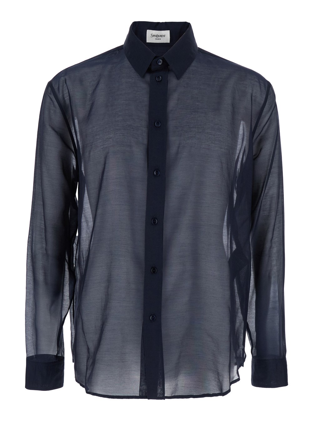 Saint Laurent Camicia con Colletto Classico e Dettagli a Contrasto in Cotone e Seta Blu Uomo