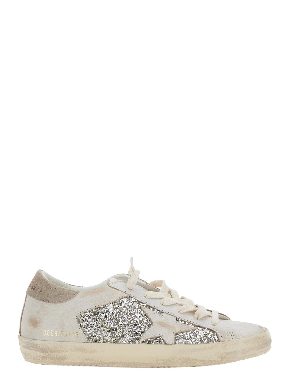 Golden Goose Sneakers 'Superstar' Low Top con Dettagli Glitterati sul Lato e Logo Lettering sul Tallone in Pelle Scamosciata Beige Donna