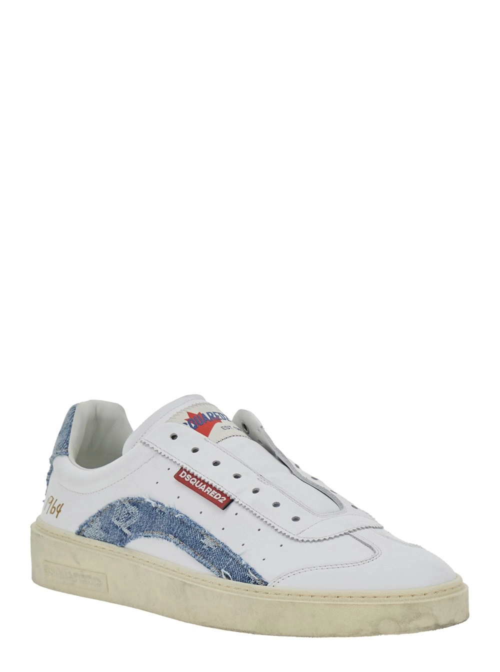 Dsquared2 Sneaker Low Top 'DSQUARED2' con Inserti in Denim e Design Vissuto in Pelle Bianca Uomo, view 2