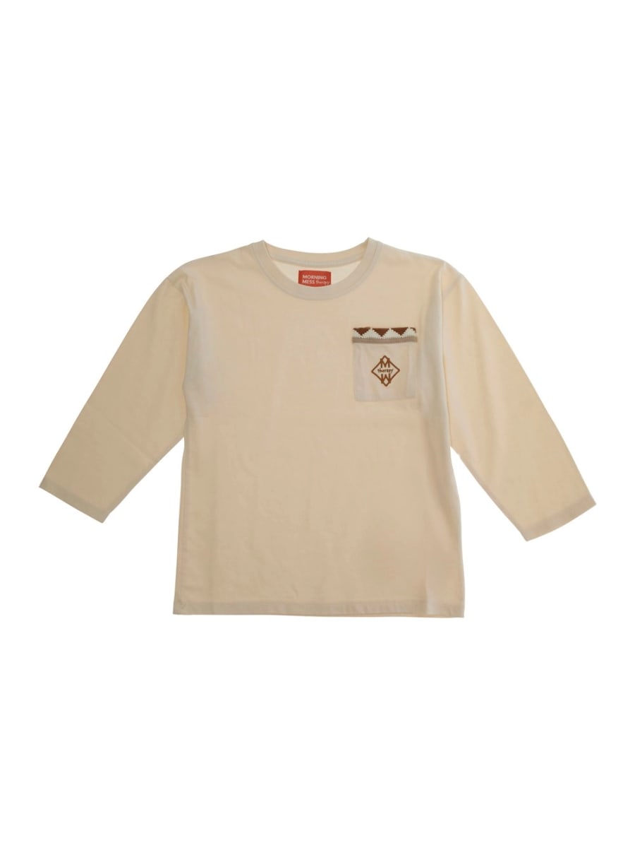 Morning mess therapy kids T-Shirt 'Ciro' a Maniche Lunghe Girocollo con Tasca Applicata e Ricamo sul Fronte in Cotone Bianca Bambina