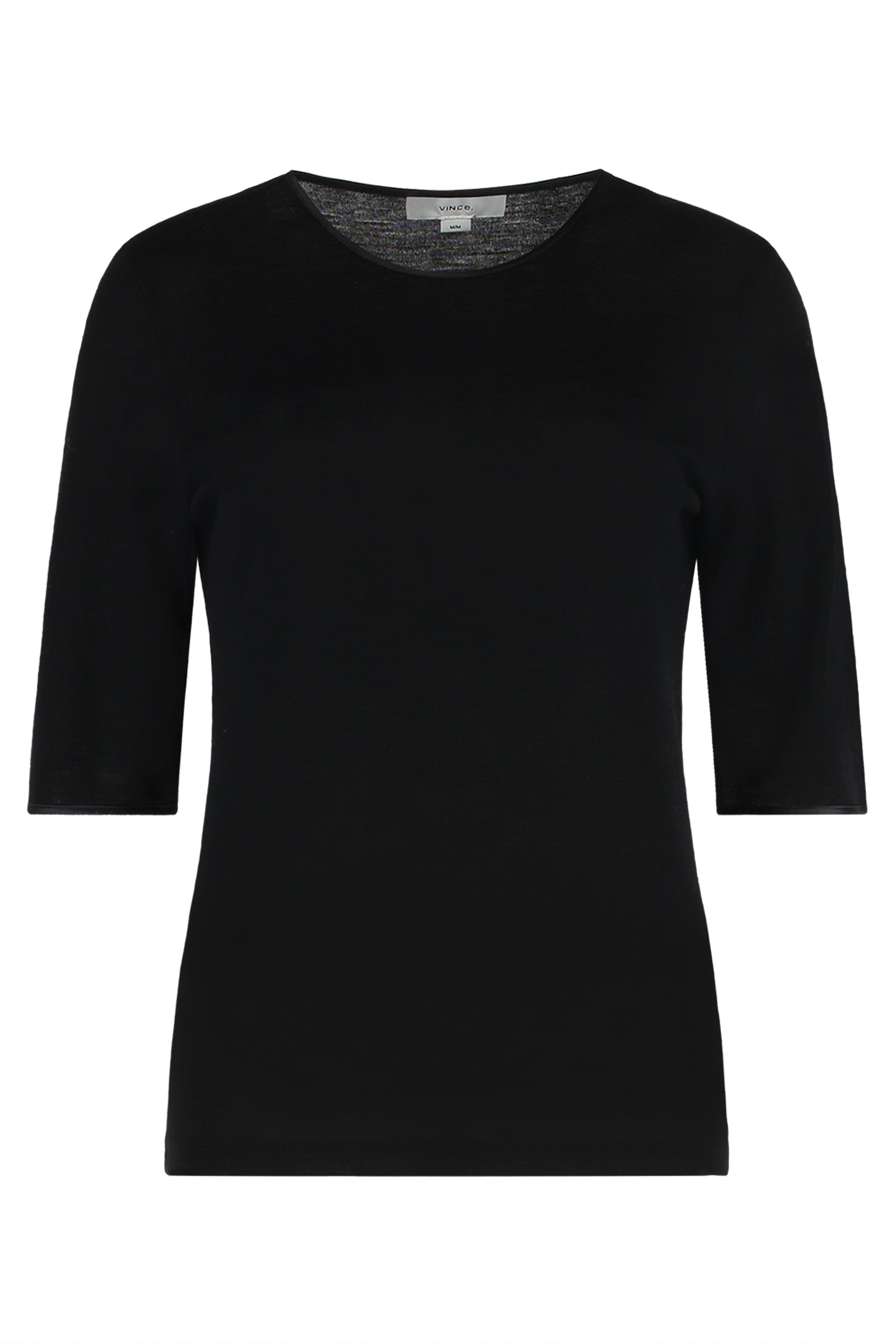 Vince T-shirt in lana con maniche a gomito e finiture in raso