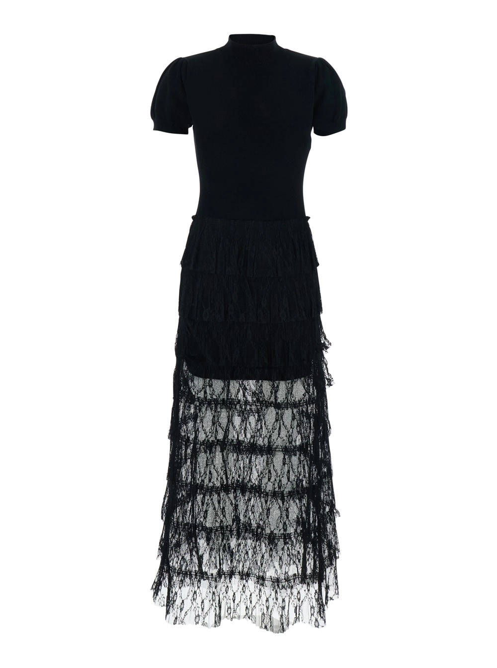 Twinset Abito Lungo Nero con Collo Alto e Gonna Semi Trasparente in Misto Lana Donna