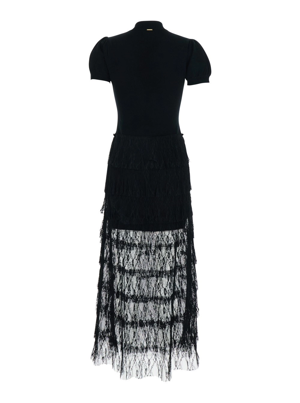 Twinset Abito Lungo Nero con Collo Alto e Gonna Semi Trasparente in Misto Lana Donna, view 2