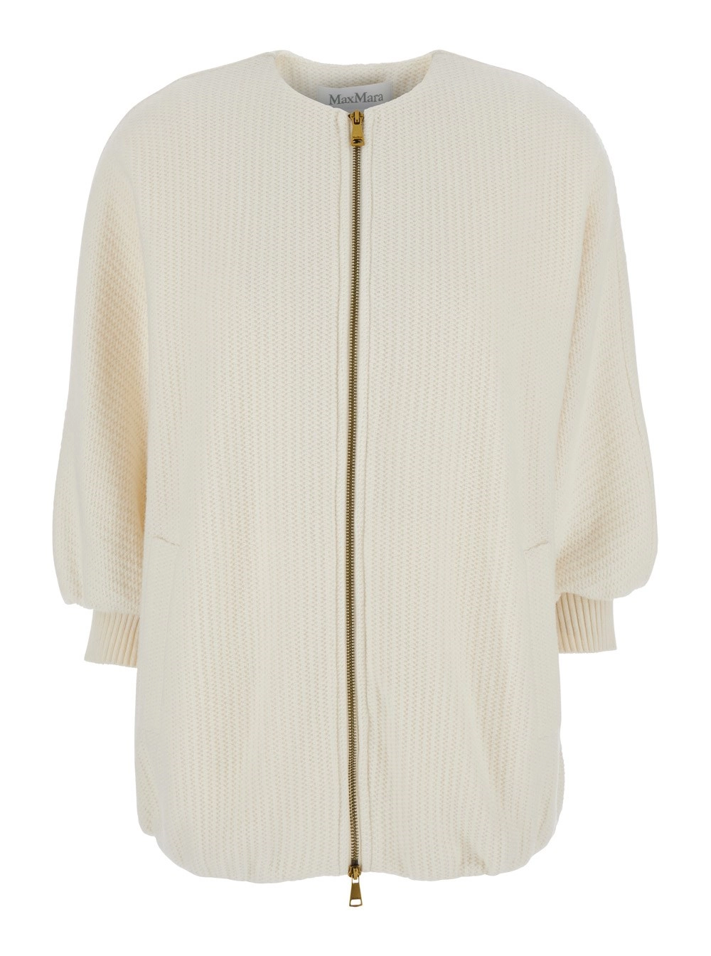 Max Mara Giubbotto 'Cirino' Girocollo con Patch Logo sul Retro e Lavorazione a Maglia in Lana e Cashmere Bianco Donna