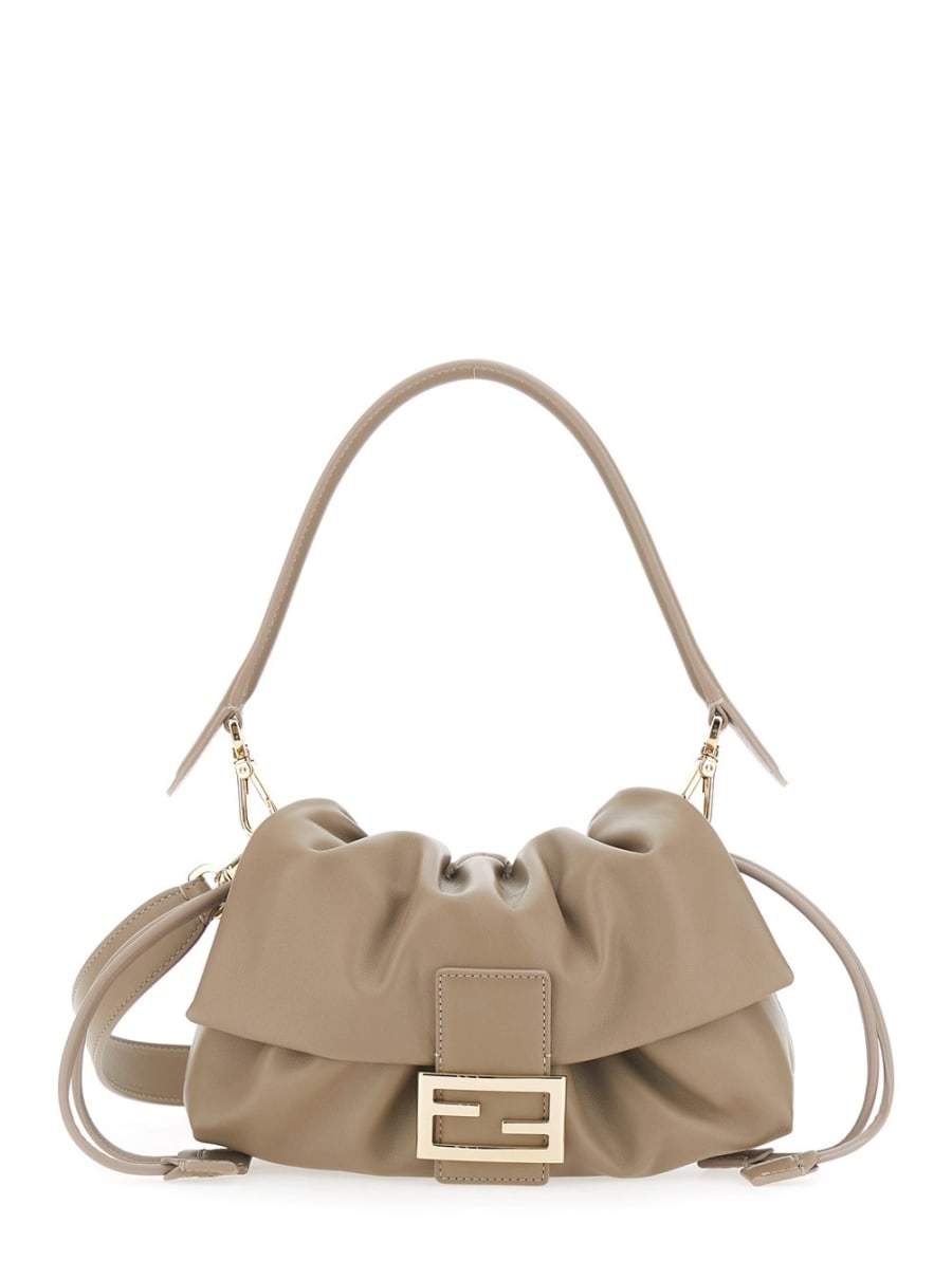 Fendi Borsa a Spalla 'Baguette Soft' Media  con placca FF sul Fronte e Chiusura a Coulisse in Pelle Beige Donna