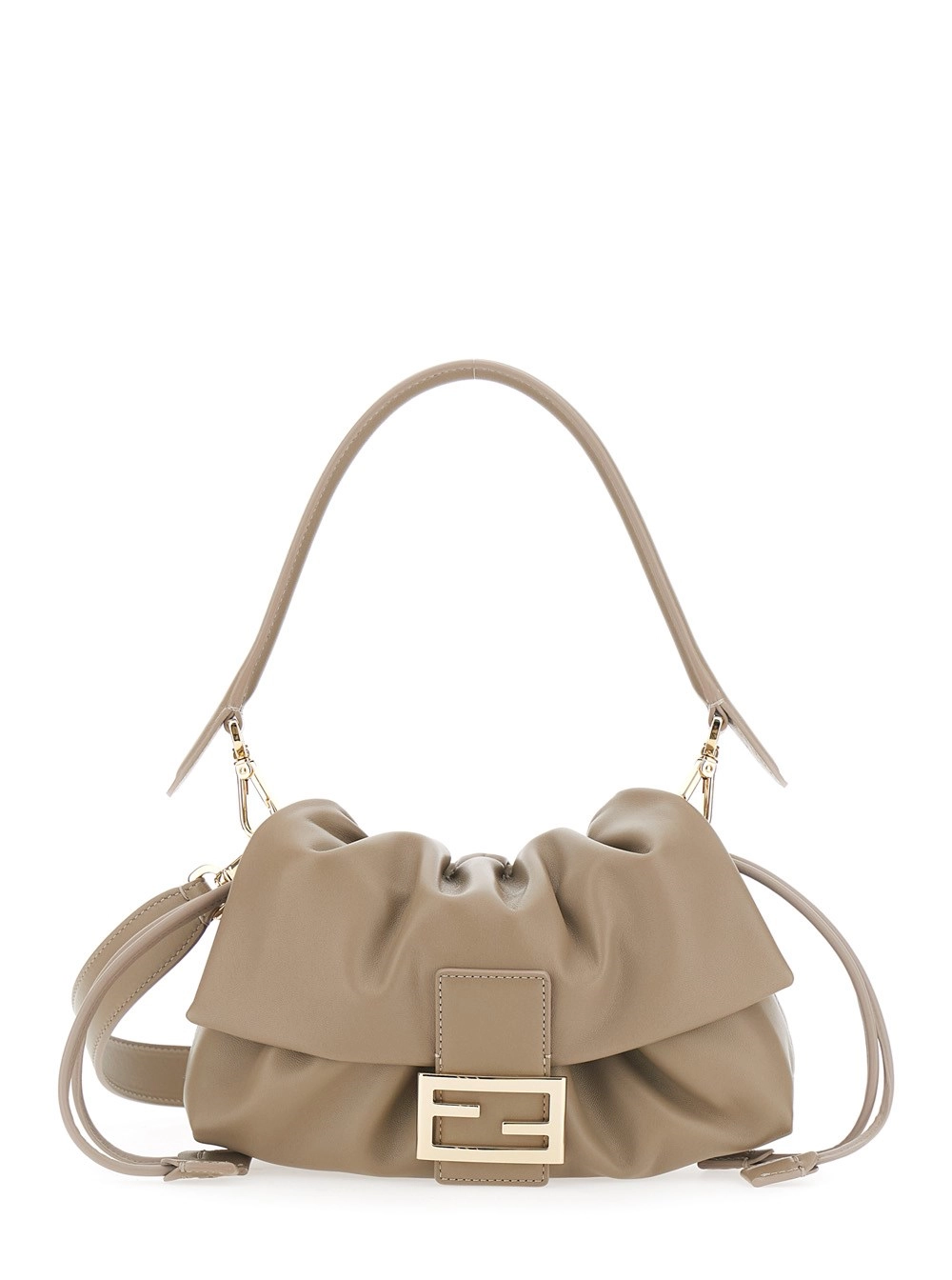 Fendi Borsa a Spalla 'Baguette Soft' Media  con placca FF sul Fronte e Chiusura a Coulisse in Pelle Beige Donna
