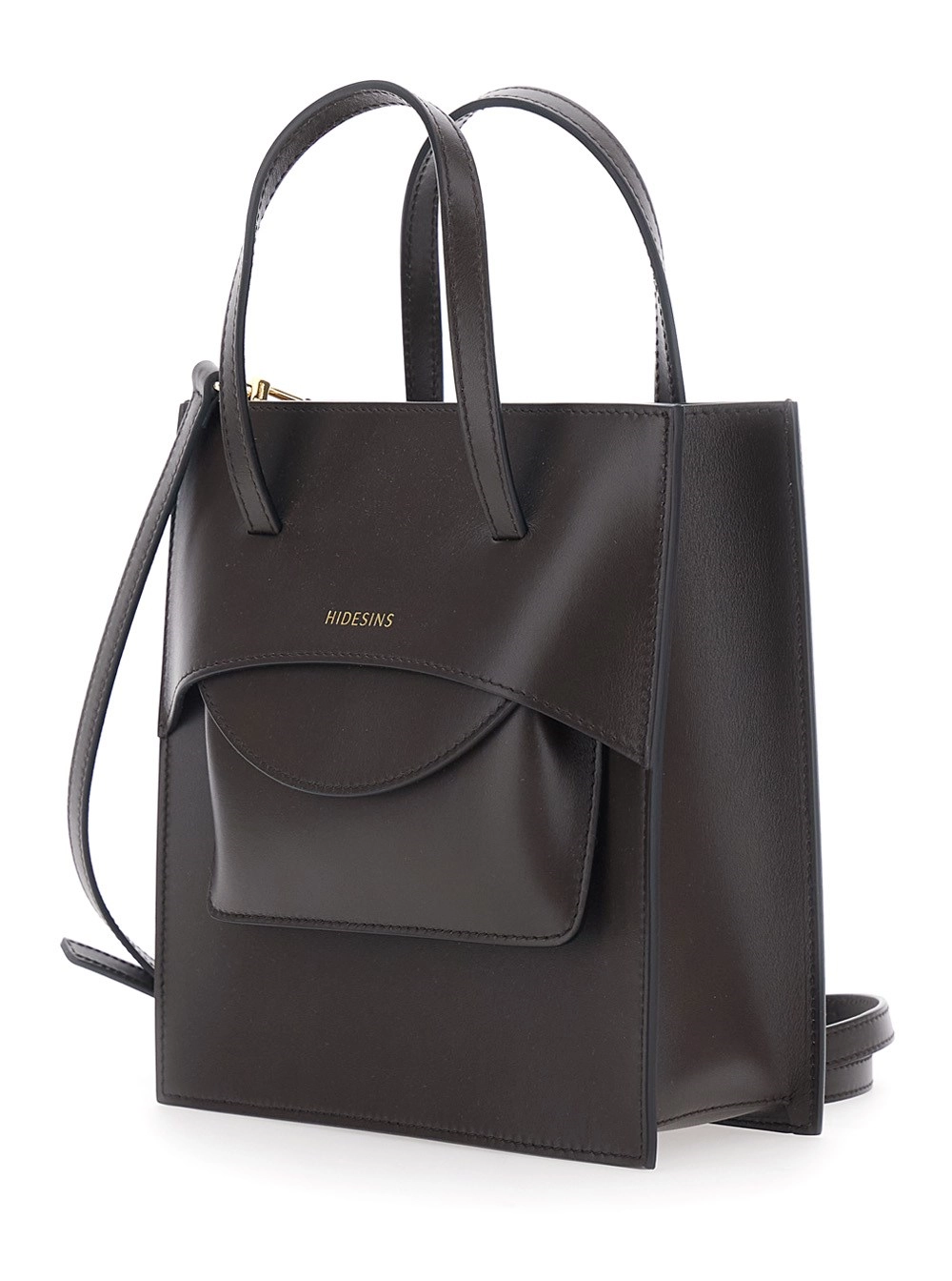 Hidesins Borsa a Mano 'Pocket M' con logo lettering sul fronte in Pelle Marrone Donna, view 2