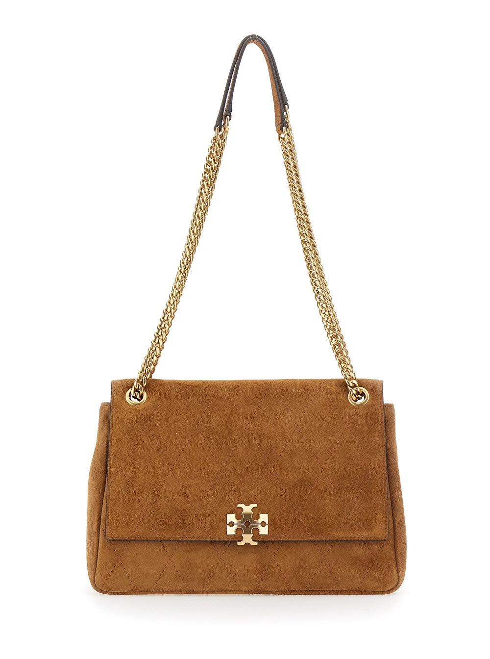 Tory Burch Borsa a tracolla 'Charlie' con tracolla a catena scorrevole e placca logo sul fronte in pelle scamosciata marrone donna