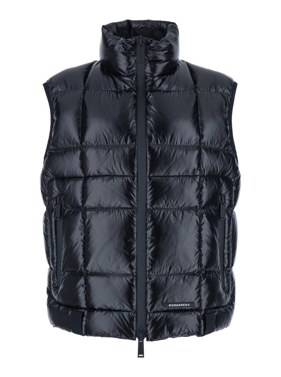 Dsquared2 Piumino Smanicato a Collo Alto con Patch Logo sul Fronte in Tessuto Tecnico Nero Uomo