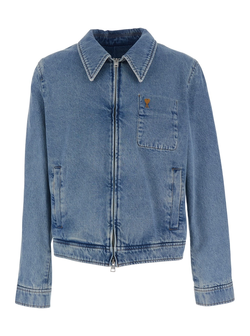 AMI Paris Giubbotto con Ricamo ADC sul Fronte e Patch Logo sul Retro in Denim Azzurro Uomo