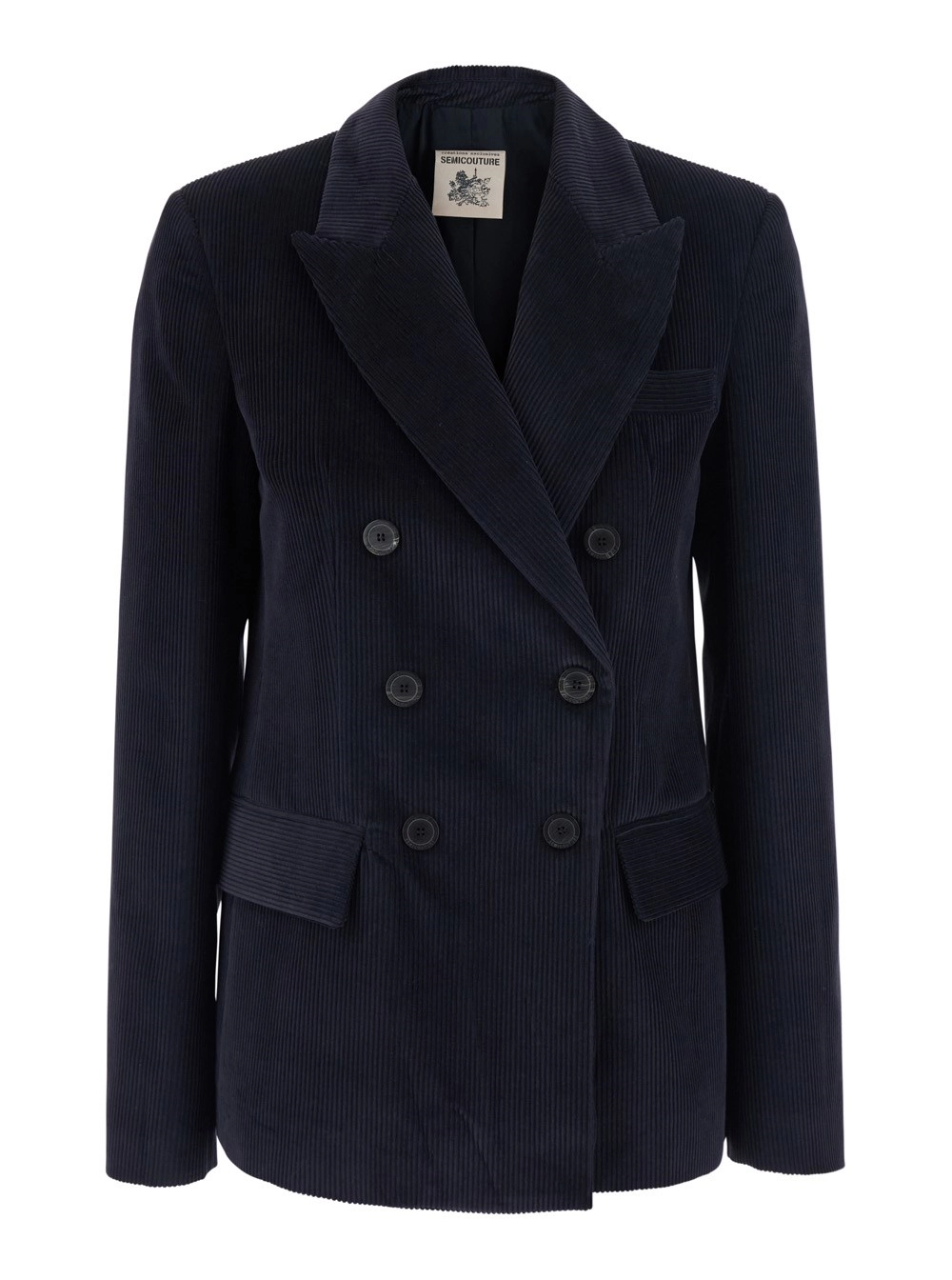 Semicouture Giacca doppiopetto con revers a lancia in velluto a coste blu donna