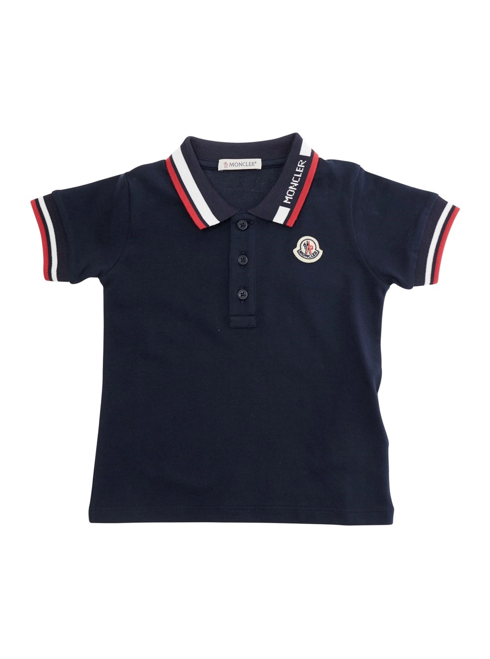 Moncler kids Polo con colletto e maniche con dettagli a righe e patch logo sul fronte in cotone blu baby