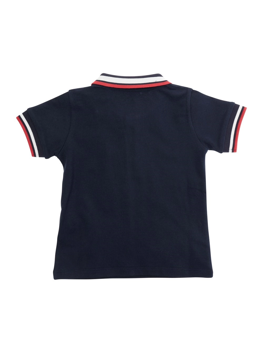 Moncler kids Polo con colletto e maniche con dettagli a righe e patch logo sul fronte in cotone blu baby, view 2