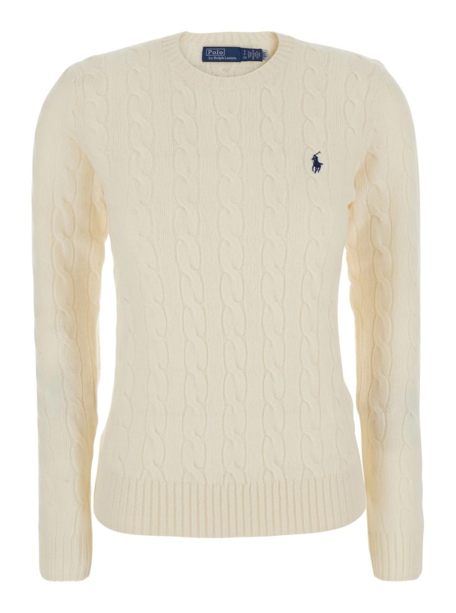 Polo Ralph Lauren Maglione 'Julianna' con ricamo Cavallino sul fronte e lavorazione a treccia in lana e cashmere bianco donna