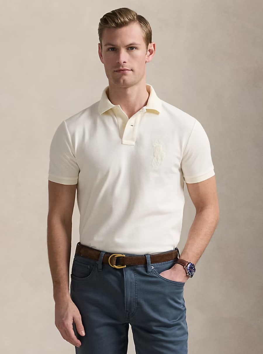 Polo Ralph Lauren Polo "Custom Slim Fit" con Dettaglio Cavallino Grande sul Fronte in Piquet di Cotone Bianca Uomo, view 4