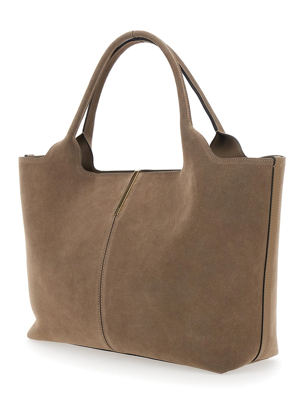 Tod's Borsa Shopping 'Ebr' con Placca Logo sul Fronte e Cuciture a Contrasto in Suede Beige Donna, view 2