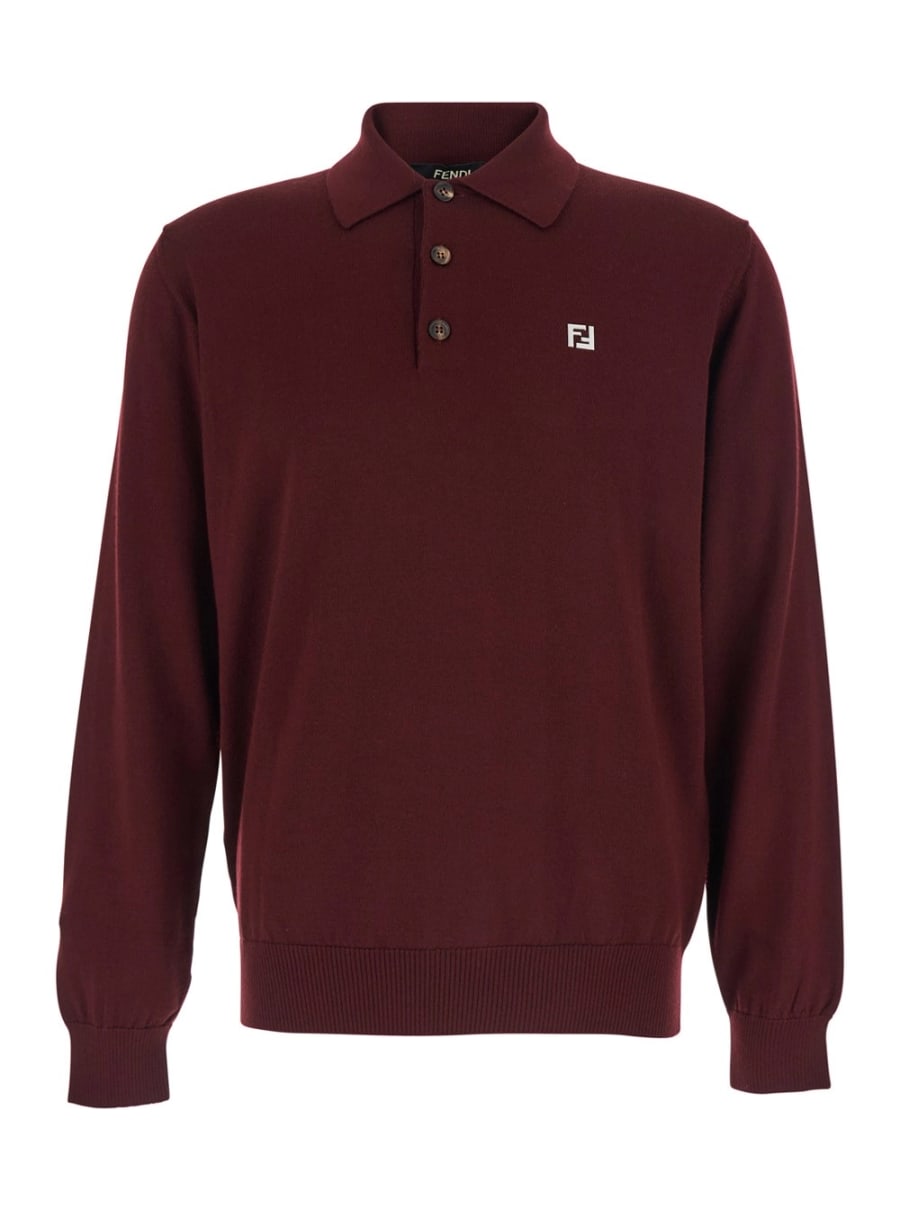 Fendi Polo a Maniche Lunghe con Colletto Classico e Placca FF sul Fronte in Lana Bordeaux Uomo