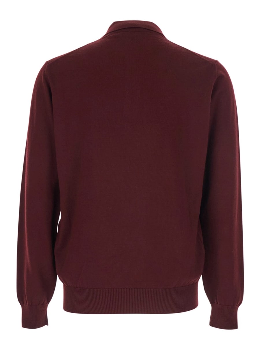 Fendi Polo a Maniche Lunghe con Colletto Classico e Placca FF sul Fronte in Lana Bordeaux Uomo, view 2