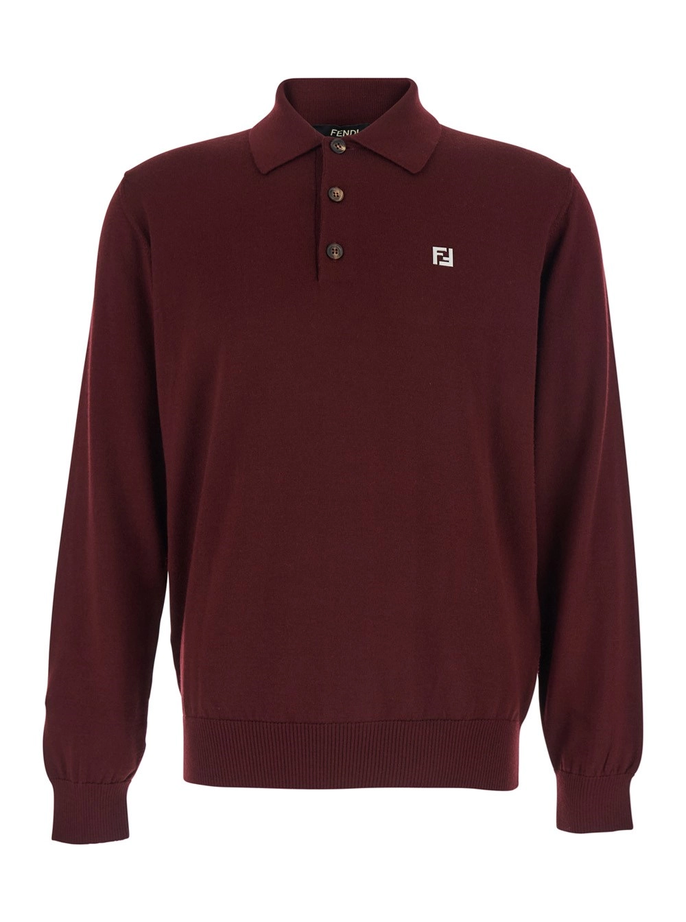 Fendi Polo a Maniche Lunghe con Colletto Classico e Placca FF sul Fronte in Lana Bordeaux Uomo