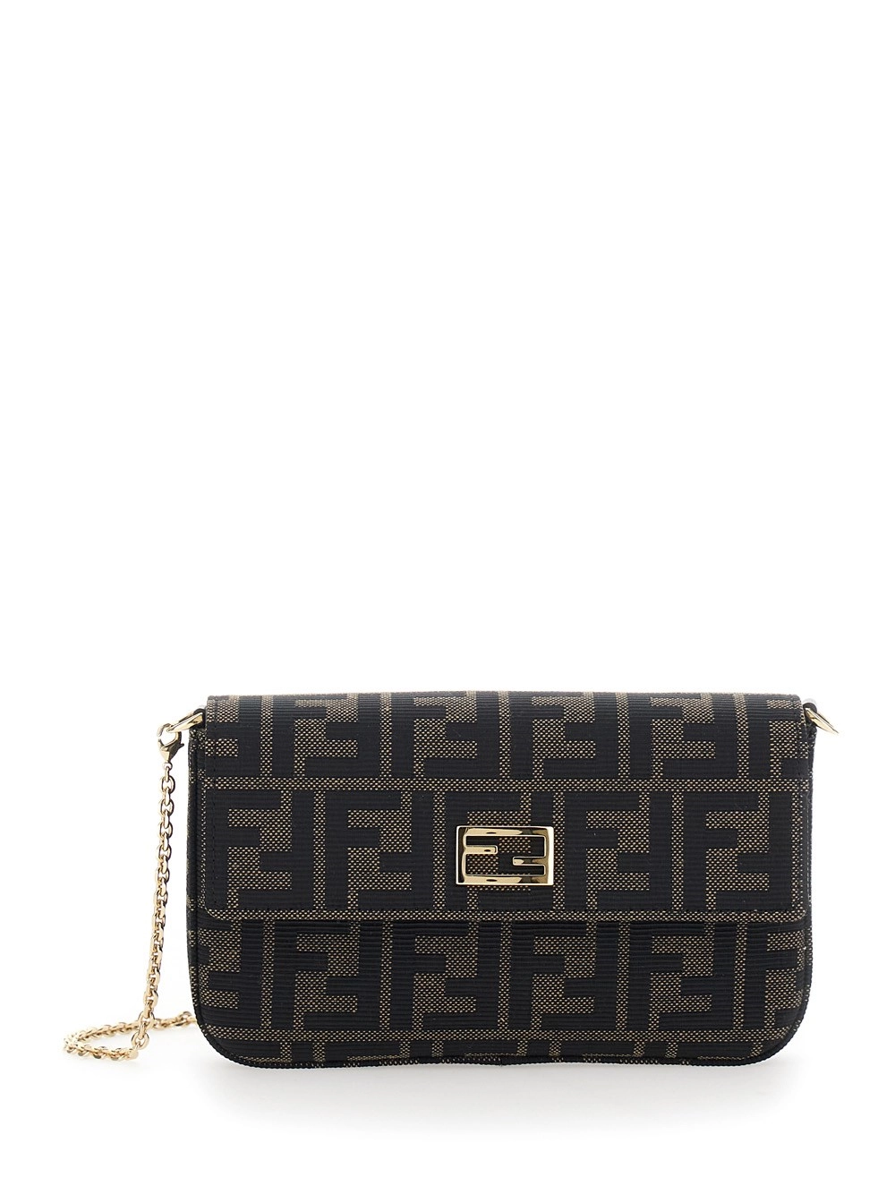Fendi Borsa a Tracolla con Tracolla a Catena e Placca FF sul Fronte in Tessuto FF Marrone Donna