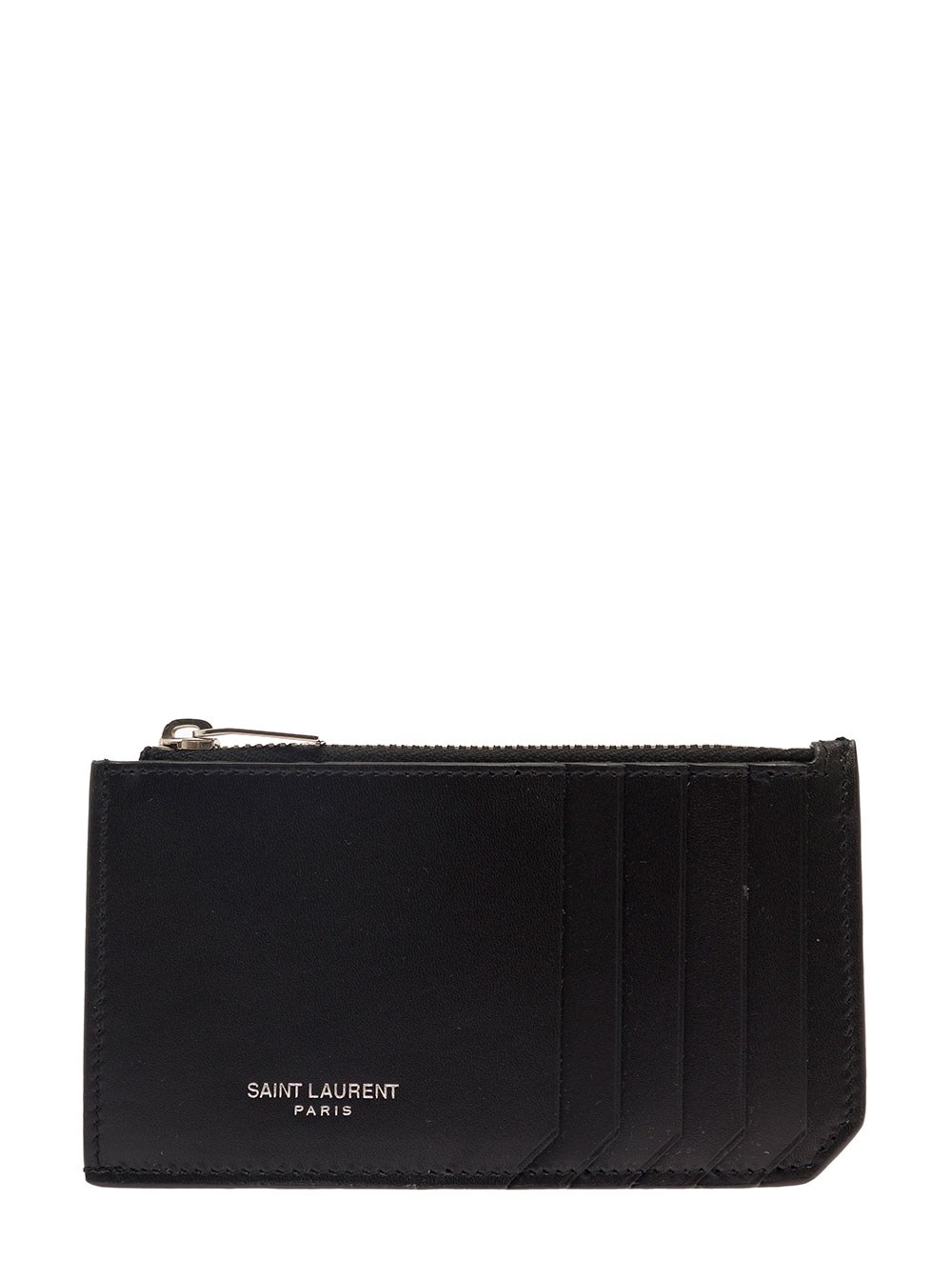 Saint Laurent Portacarte con Logo Impresso in Pelle Nera Uomo