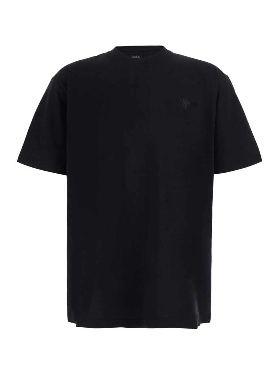 Gucci T-shirt girocollo con ricamo crest sul fronte in misto cotone nera uomo