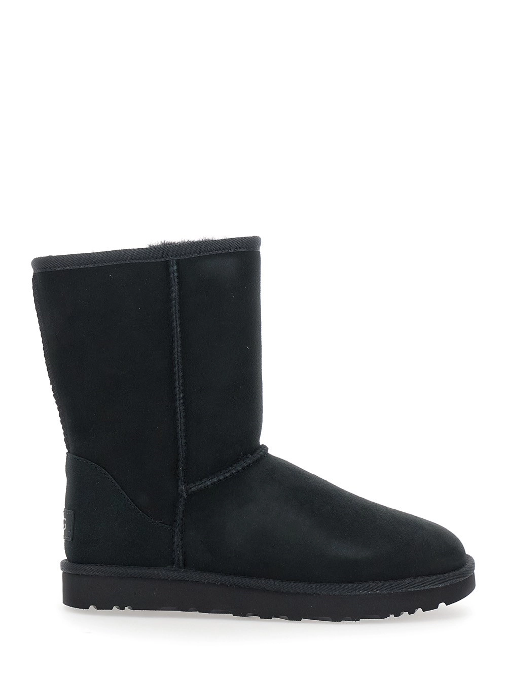 UGG Stivalli 'Classic Short' con Patch Logo sul Retro e Interno in Pelliccia in Pelle Scamosciata Neri Donna