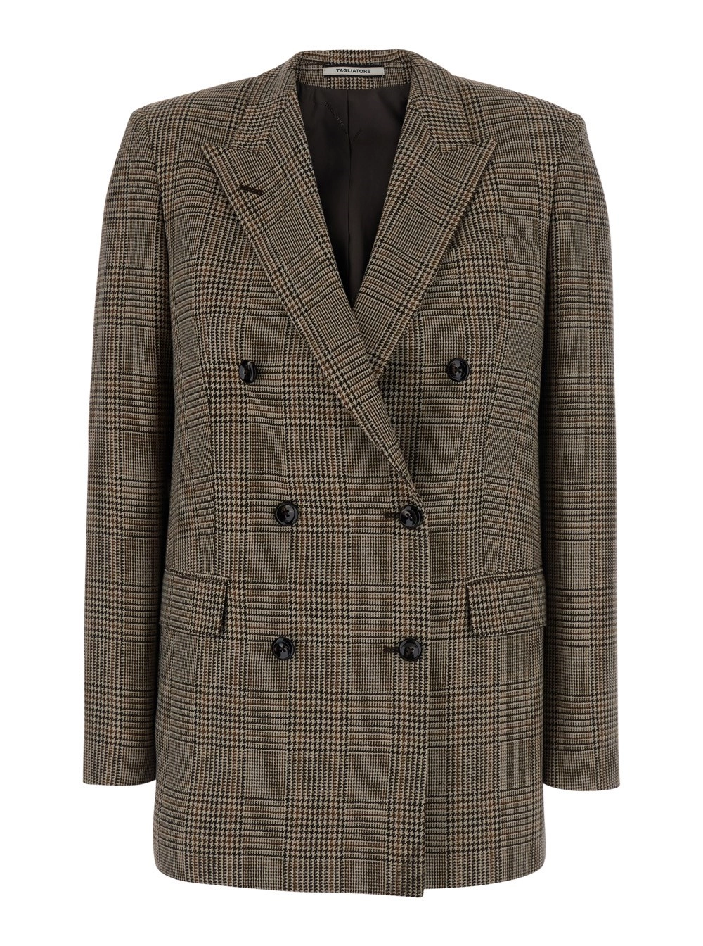 Tagliatore Giacca Doppiopetto 'Jasmine' con Revers a Lancia e Motivo Check All-Over in Lana Marrone Donna