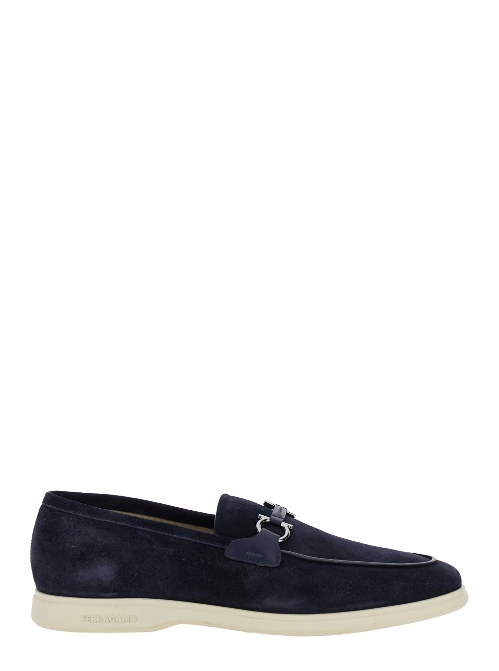 Ferragamo Mocassini 'Cosimo' con Gancini Metallici sul Fronte in Pelle Scamosciata Blu Uomo