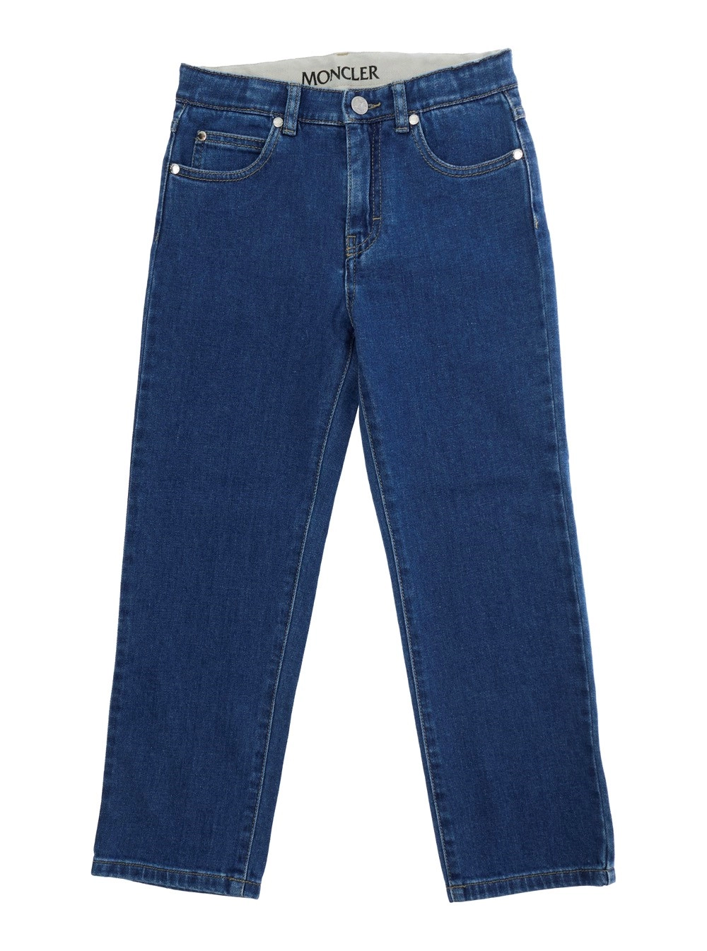 Moncler kids Jeans a cinque tasche con patch logo sul retro in denim blu bambino