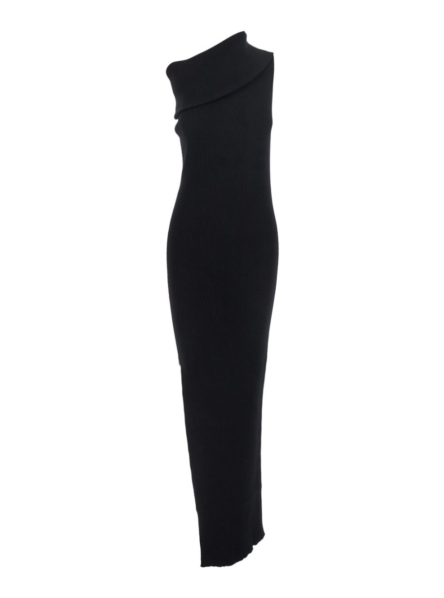 Rick Owens Abito Lungo 'Athena' Smanicato con Scollo Ampio e Lavorazione a Coste in Misto Viscosa Nero Donna