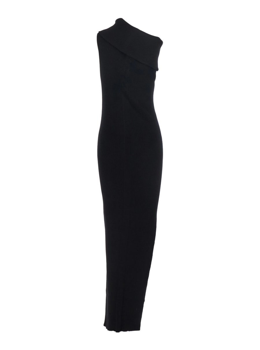 Rick Owens Abito Lungo 'Athena' Smanicato con Scollo Ampio e Lavorazione a Coste in Misto Viscosa Nero Donna, view 2