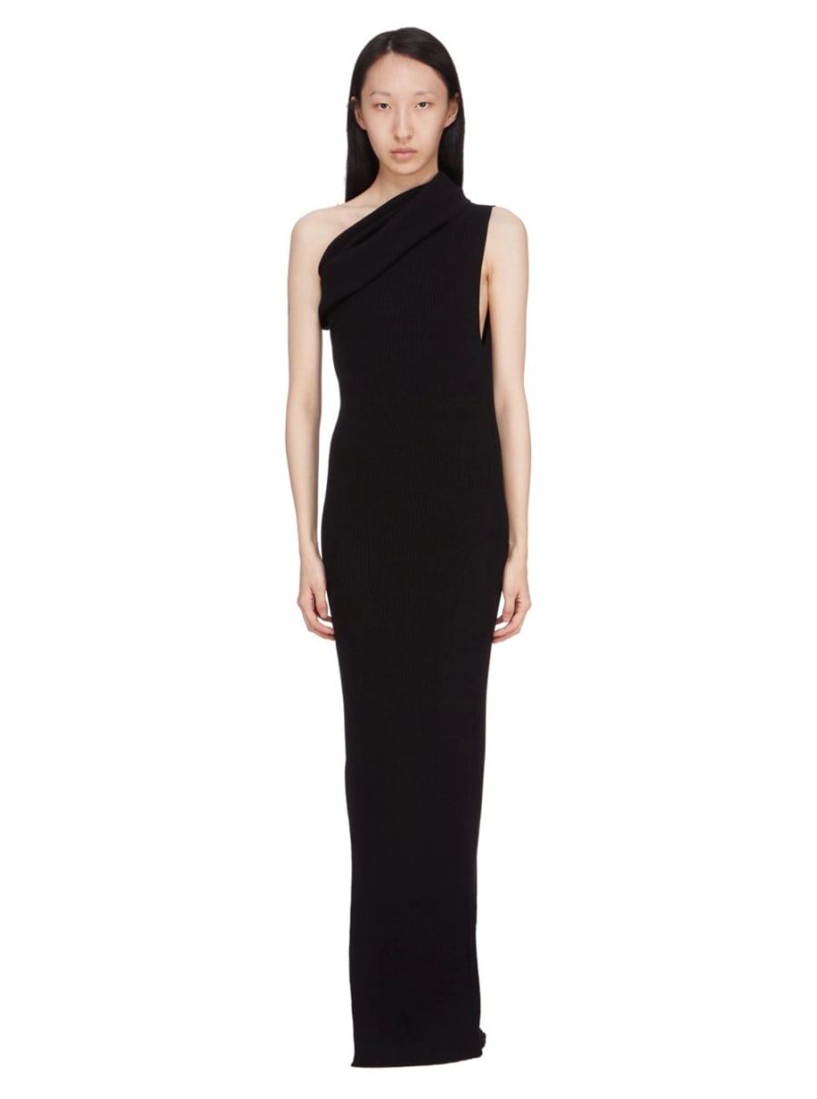 Rick Owens Abito Lungo 'Athena' Smanicato con Scollo Ampio e Lavorazione a Coste in Misto Viscosa Nero Donna, view 4
