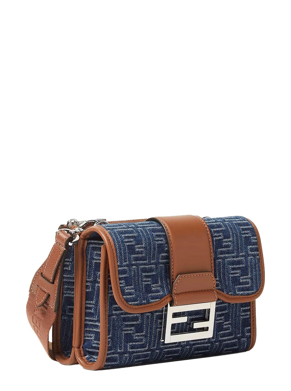 Fendi Borsa a Tracolla 'Baguette Double' con Chiusura Magnetica FF e Motivo All-Over in Cotone Blu Uomo, view 2