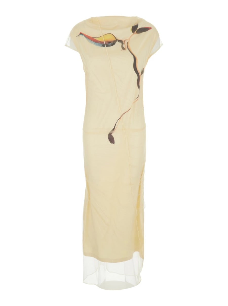 Sportmax Abito Lungo 'Viale' con Motivo Floreale sul Fronte e Scollo Rotondo sulla Schiena in Tessuto Tecnico Stretch Giallo Donna