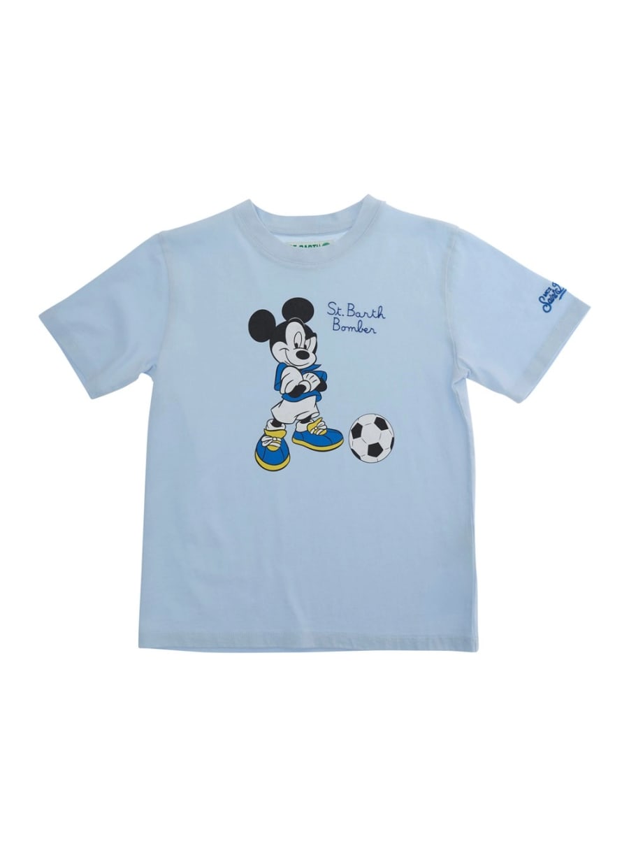 Mc2 saint barth kids T-shirt girocollo con maxi stampa sul fronte e logo lettering sulla manica in cotone azzurra bambina