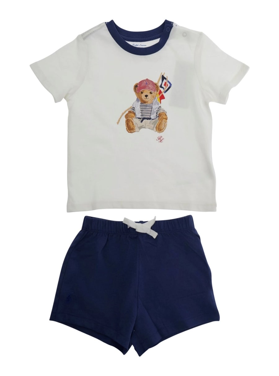 Polo ralph lauren kids KNIT-SHORT SET-OUTFIT SET Bianco Completo con T-Shirt e Pantaloni in Cotone Bambino