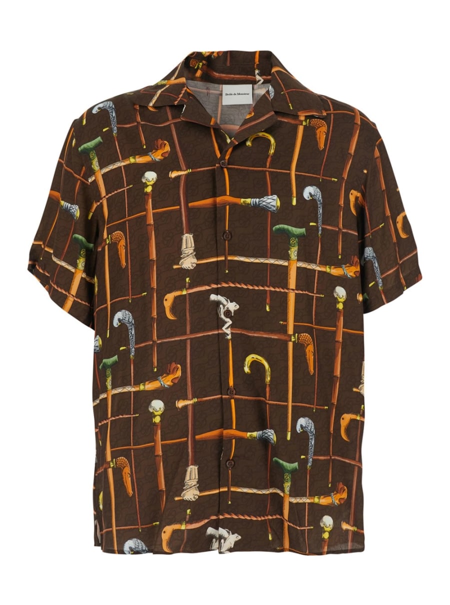 Drôle de monsieur Camicia Boeling 'La Chemise Cannes' con Colletto alla Cubana e Stampa All-Over in Viscosa Marrone Uomo
