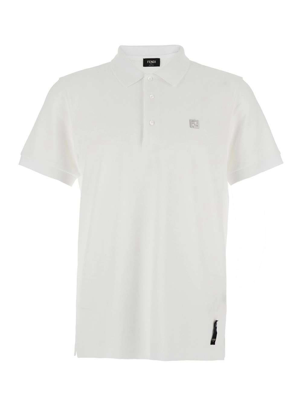 Fendi Polo con Colletto Classico e Placca FF in Metallo sul Fronte in Cotone Bianca Uomo